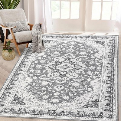 10x13 Vintage Washable Area Rug, Low Pile, Non-Slip, Rubber Backing for Living Room, Bedroom, Kitchen, Office, Gray | Target