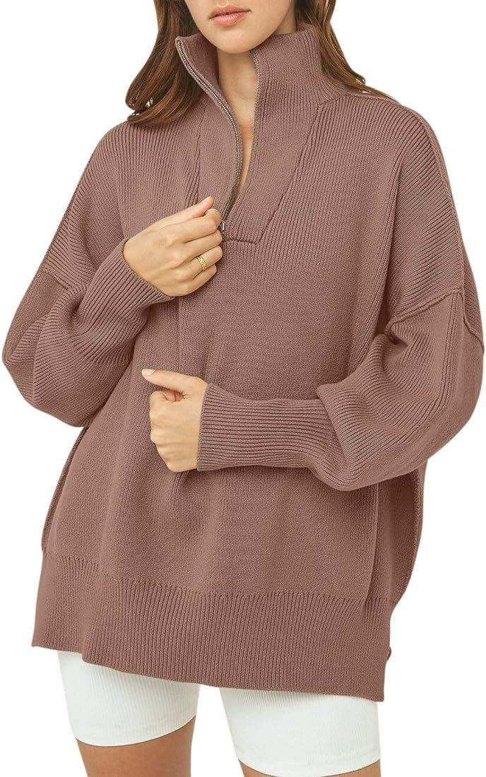 ANRABESS Women's Oversized Sweater 2023 Fall Long Sleeve Quarter Zipper Collar Drop Shoulder Slouchy | Amazon (US)