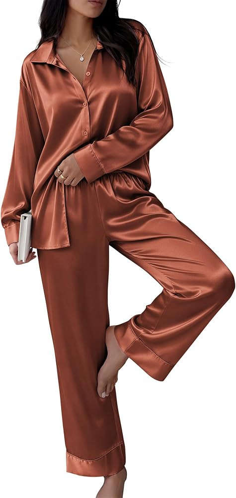 Ekouaer Silk Pajamas for Women Long Sleeve 2 Piece Lounge Set Fall Pjs | Amazon (US)