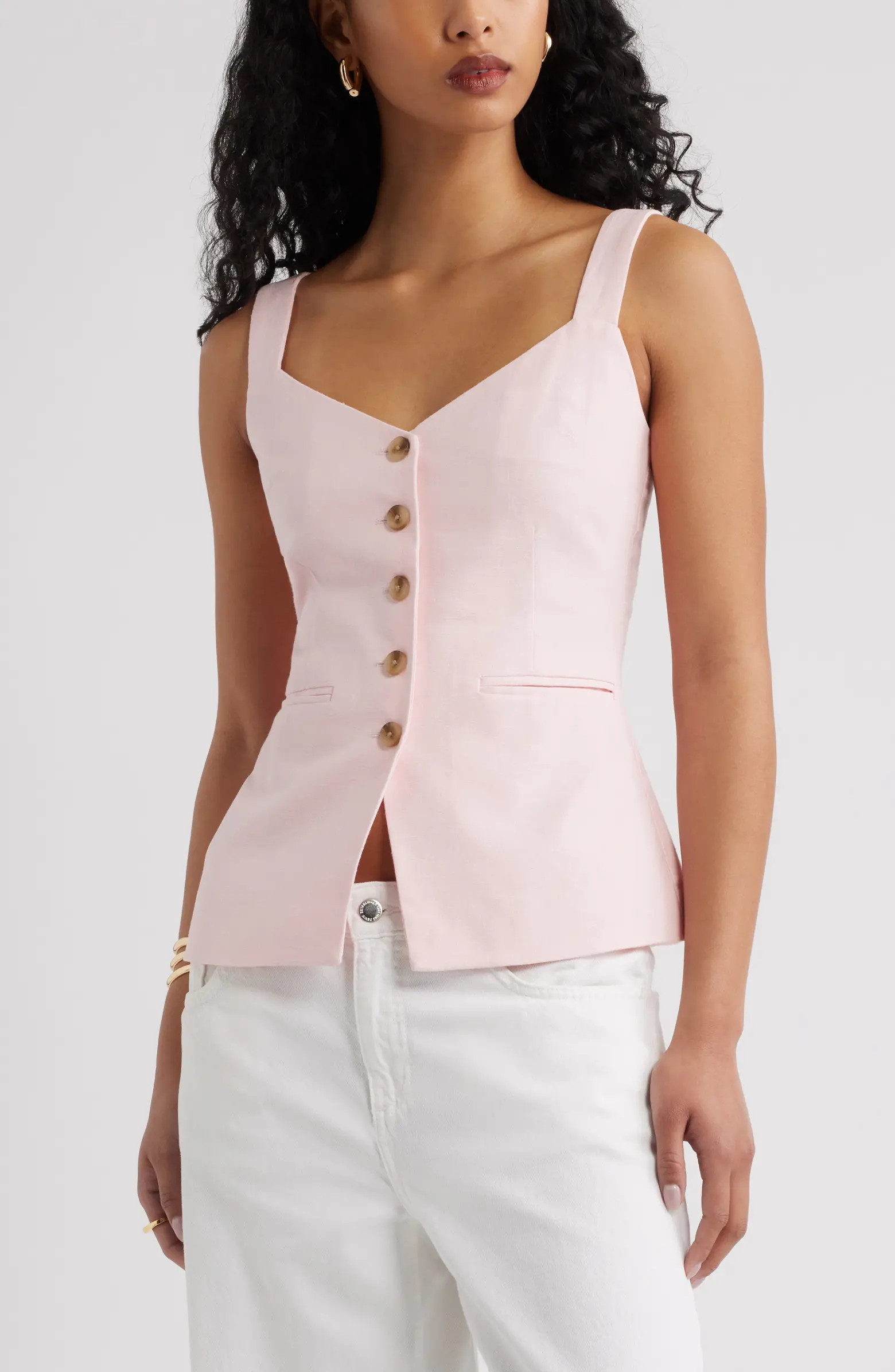 Open Edit Button Front Linen Blend Tank | Nordstrom | Nordstrom