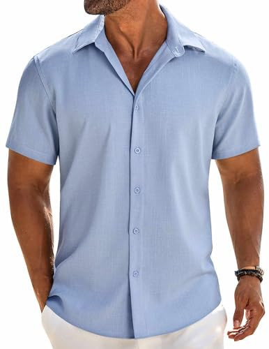 COOFANDY Mens Button up Shirt Short Sleeve Button Down Shirts Beach Wedding Outfit Clear Blue | Amazon (US)