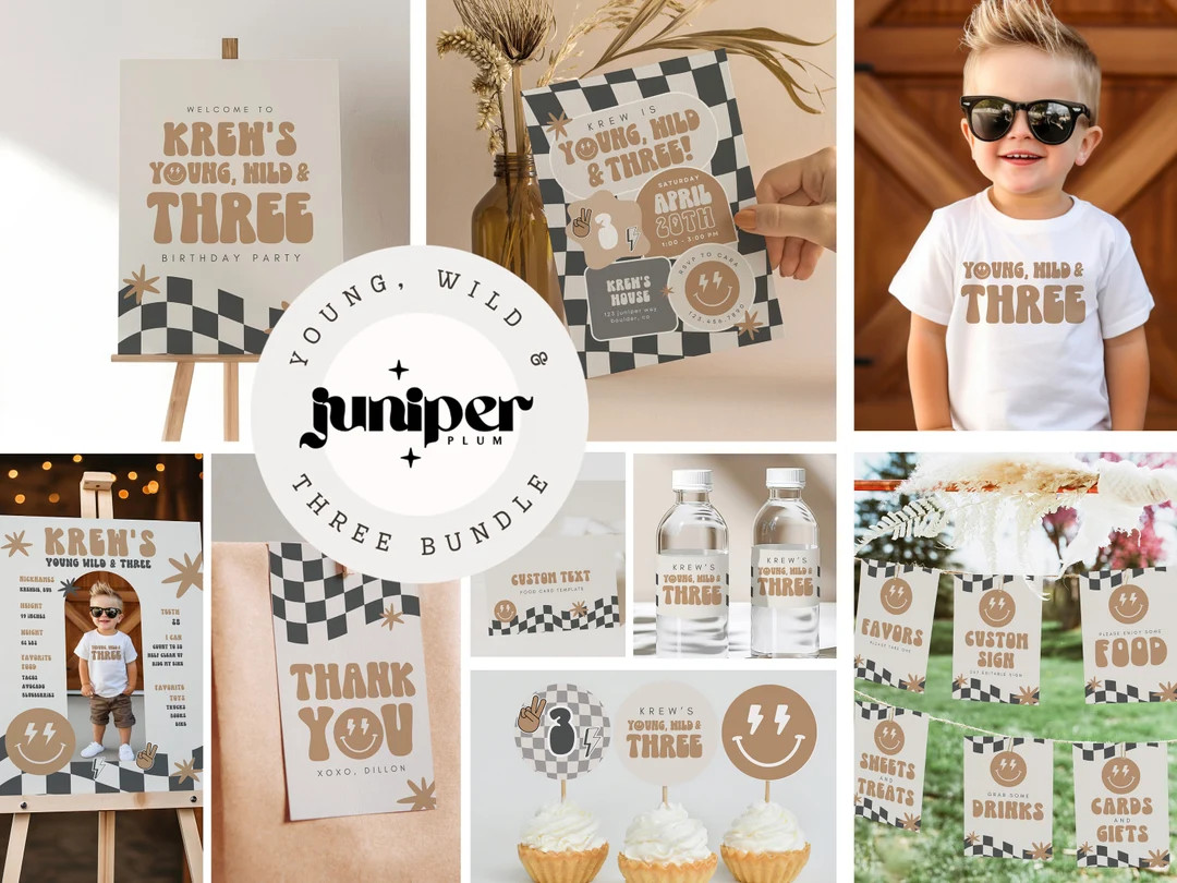 Young Wild Three Birthday Invitation Bundle, Party Package Templates, 3rd Birthday, Boy, Smile Th... | Etsy (US)