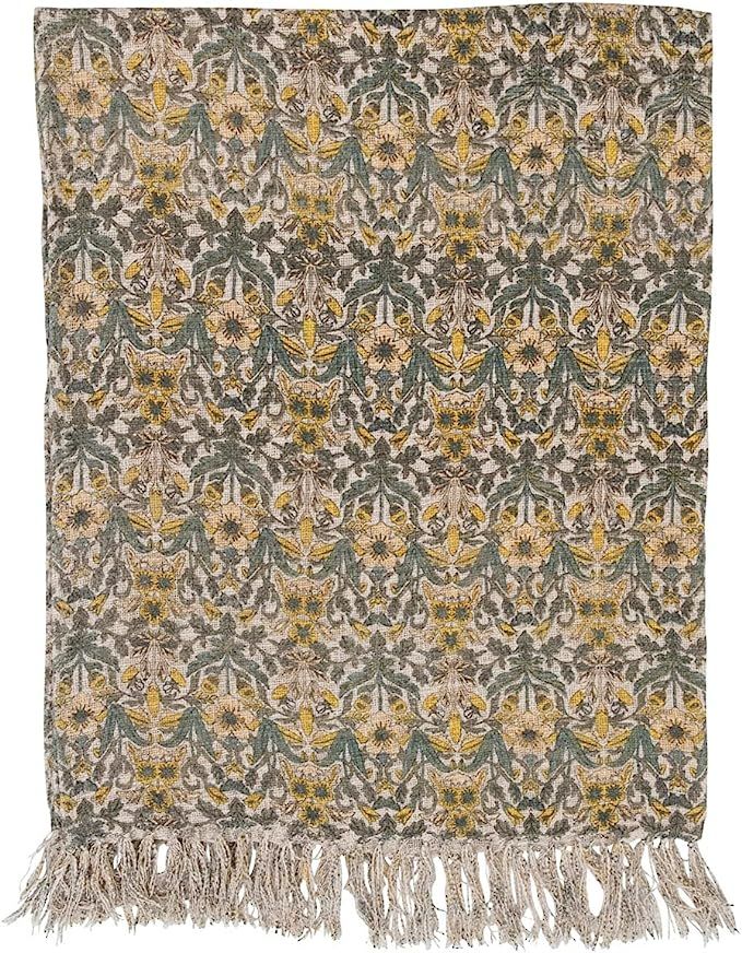 Creative Co-Op Cotton Slub Floral Pattern and Fringe Blanket Throw, Single, Green/Yellow Twin | Amazon (US)