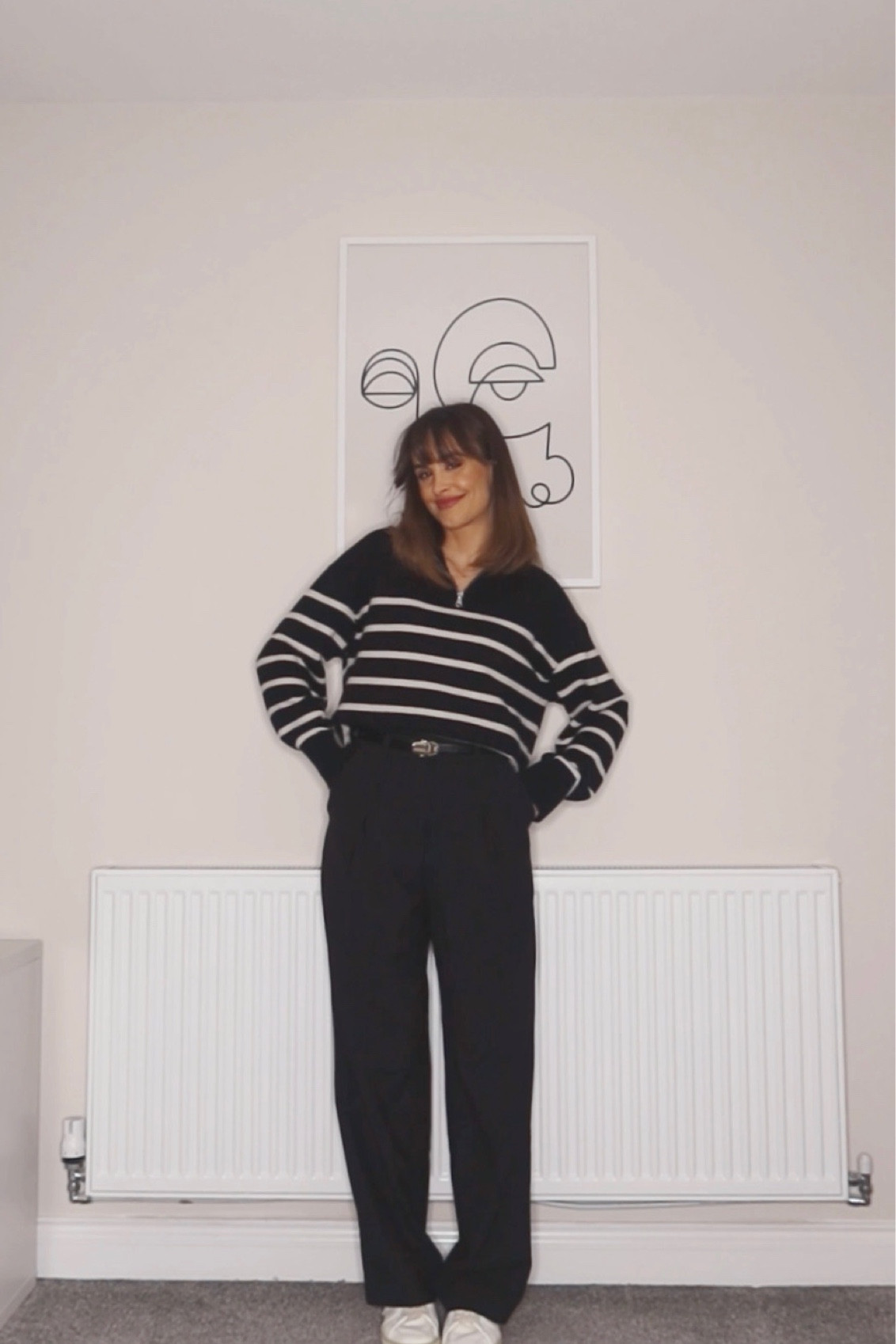 Striped jumper, black straight trousers, black belt, white trainers, casual outfit ootd, polo shirt jumper

#LTKstyletip #LTKSeasonal #LTKeurope