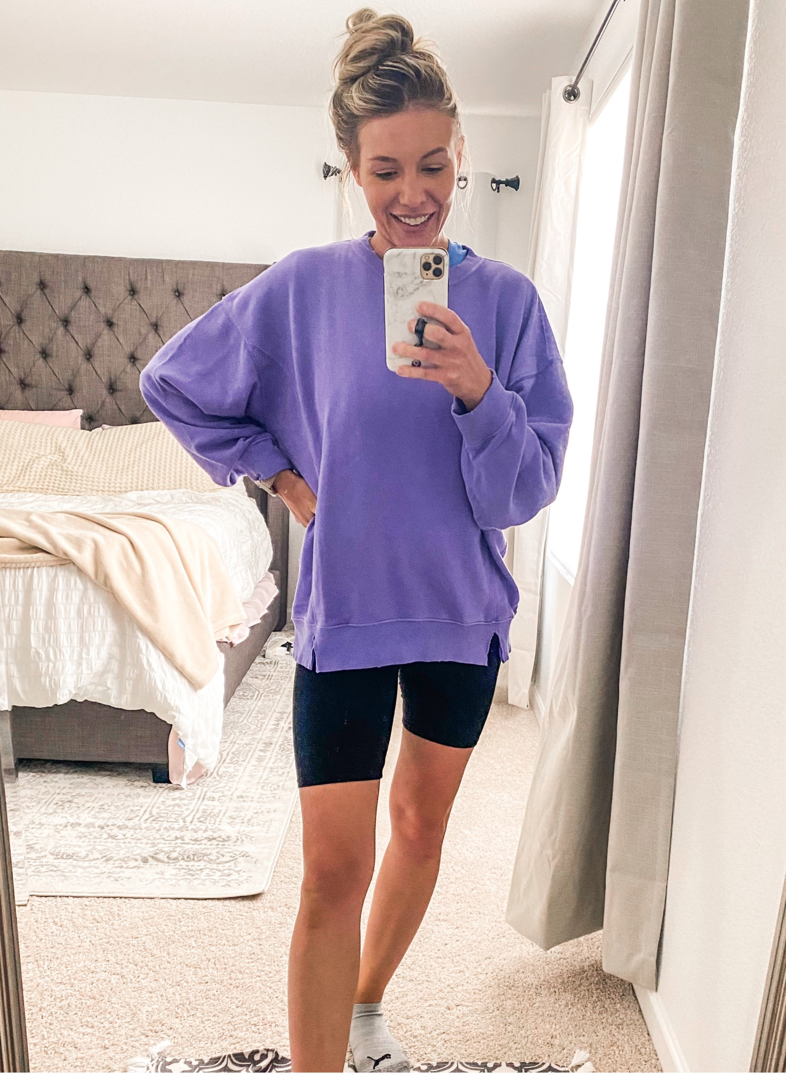 Aerie loungewear! Summer color, purple sweatshirt, loungewear outfit, comfy and casual outfit, summer vacation, biker shorts, cute and casual, travel outfit, maternity outfit. 

#LTKtravel #LTKbump #LTKsalealert