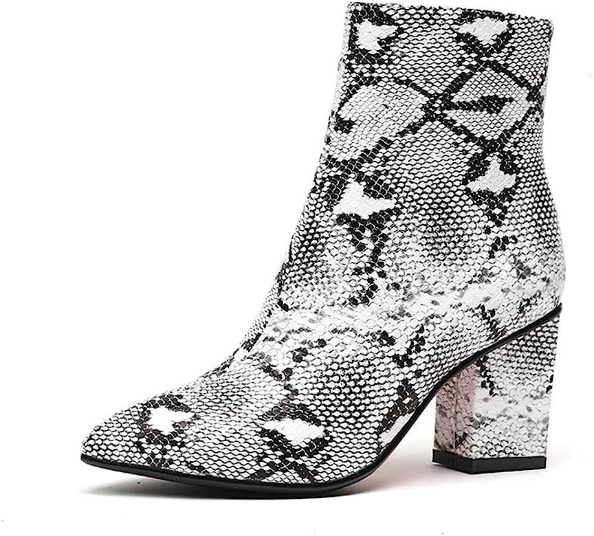 WETKISS Women Snakeskin Booties, Ankle Boots Slip on for Ladies, Snake Print Boots Chunky Block Mid  | Amazon (US)