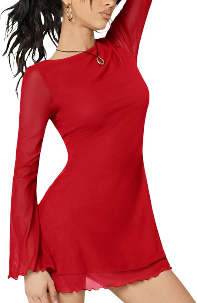 Milumia Women's Boat Neck Mesh Long Bell Sleeve Mini Dress Y2k Going Out Short Dresses 2026 Sprin... | Amazon (US)