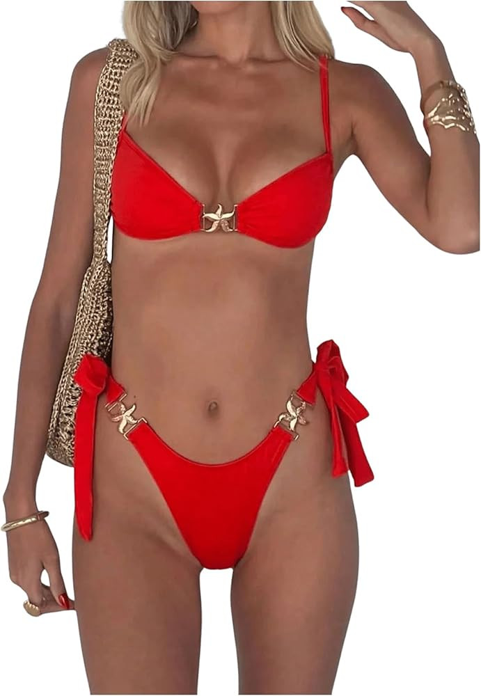 SOLY HUX Women's Bathing Suit Ring Linked High Cut String Bikini Set Tie Side Thong Two Piece Swi... | Amazon (US)