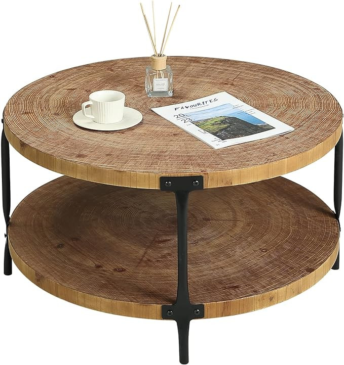Awescuti Round Boho Wood Coffee Table - 31.5" Farmhouse Natural Circle Wooden 2-Tier Coffee Table... | Amazon (US)