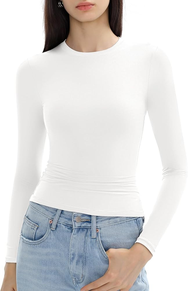 Women's Long Sleeve Shirts Crew Neck Double Lined Tops Basic Tees Slim Fit Going Out Tops Barely ... | Amazon (US)
