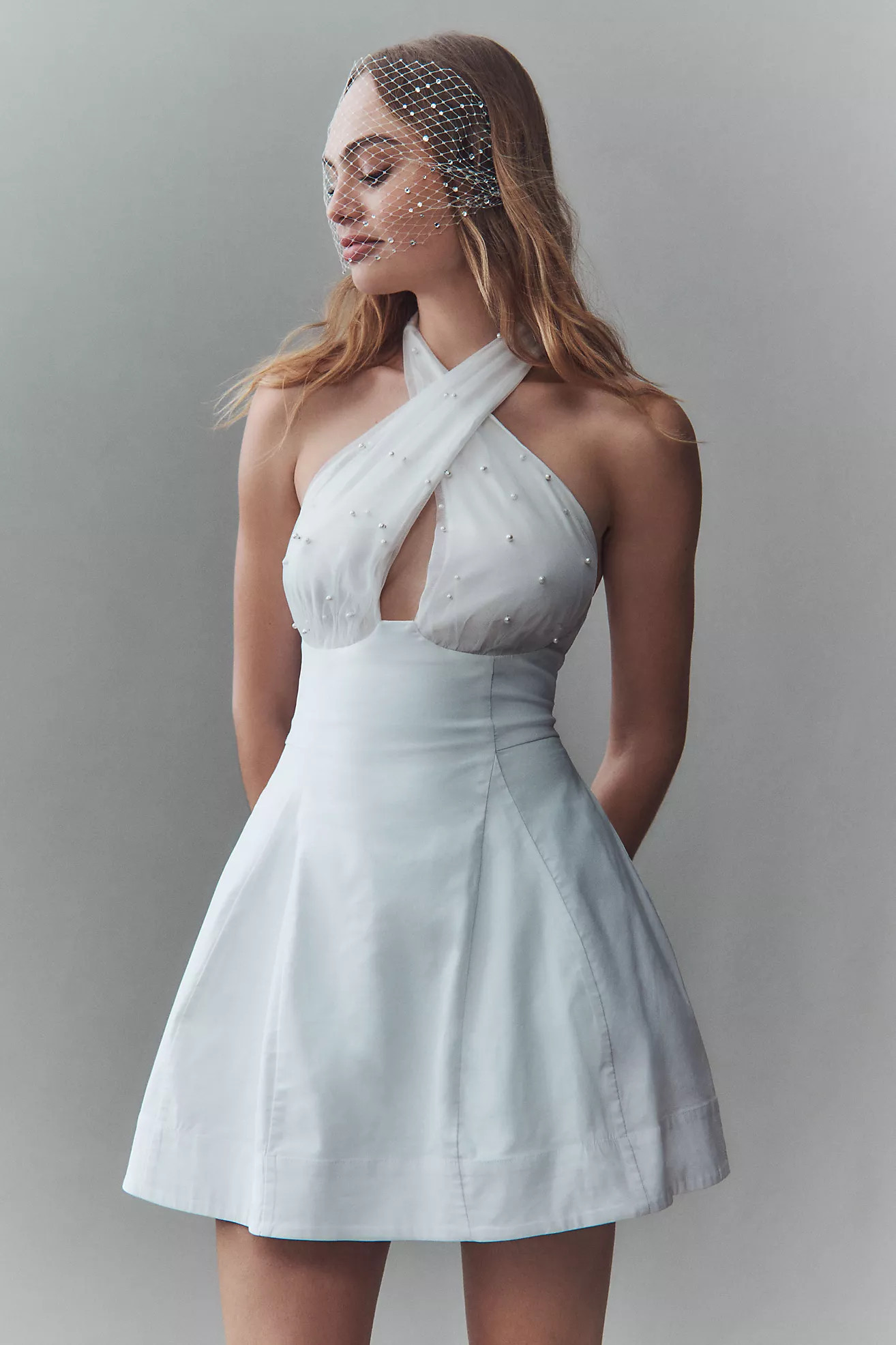 BHLDN Crisscross Halter Pearl-Embellished Mini Dress | Anthropologie (US)