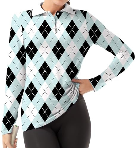 GGOV Women's Golf Polo Shirts Long Sleeve Workout Tops UPF 50+ Sun Protection Quick Dry Lightweight Active Tennis Shirts Black Argyle | Amazon (US)