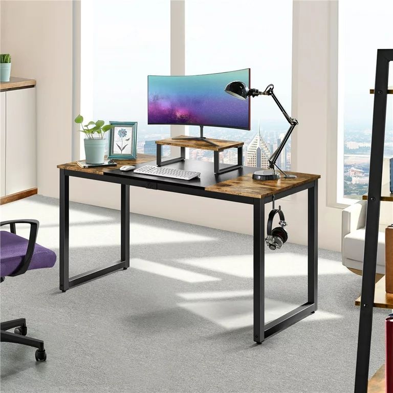 Easyfashion Industrial Computer Desk with Monitor Stand, Rustic Brown/Black | Walmart (US)