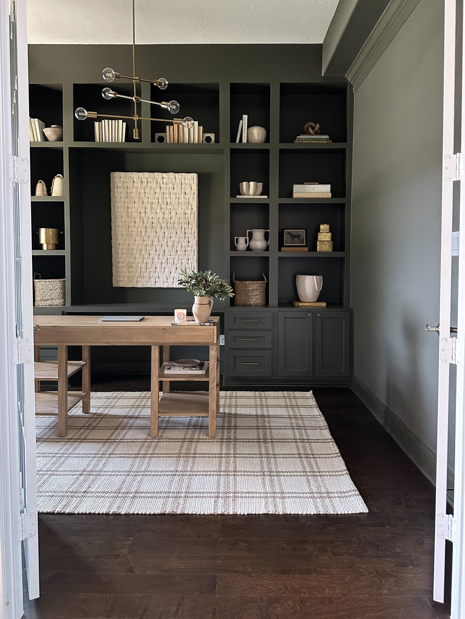 A still moment of my moody office but yet it still feels light and airy to me!! My rug, desk, textured art, light fixture, hardware is all linked here!!

#LTKhome #LTKsalealert #LTKstyletip