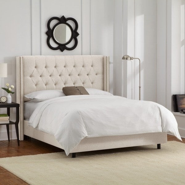 Skyline Furniture Talc Linen Diamond Tufted Nail Button Wingback Bed - King | Bed Bath & Beyond