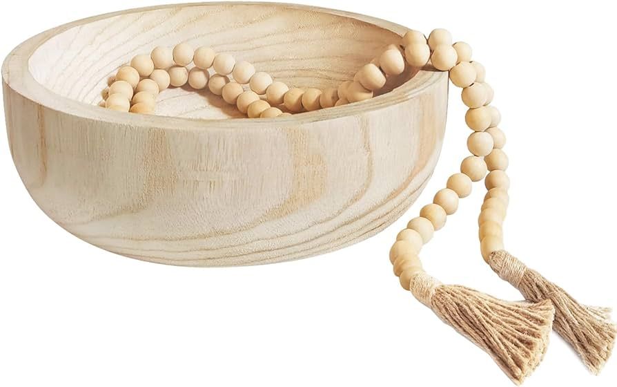 LEJHOME Wood Bowl, Rustic Farmhouse Decorative Bowl with Wood Bead Garland, 10.6in Wooden Serving... | Amazon (US)