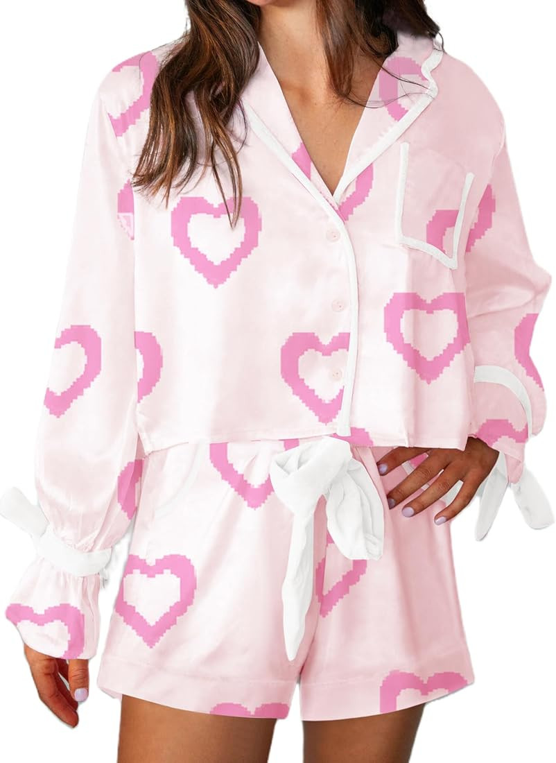 Argeousgor Valentine's Day Pajamas for Women Bow Tie Long Sleeve Shirt Ruffe Shorts Satin Heart 2... | Amazon (US)