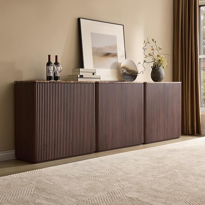 Fluted 2 Doors Sideboard Cabinet with Storage-Wooden Credenza w/Shelves, Faux Marble-Top Coffee B... | Amazon (US)