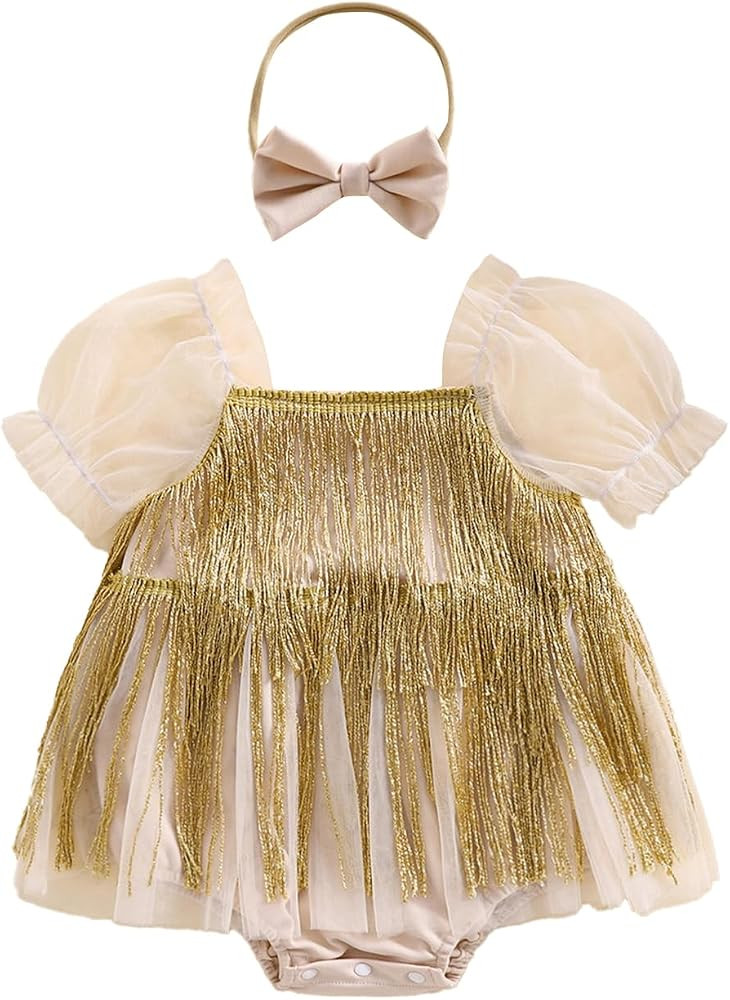 Newborn Sequin Fringe Romper Dress Sparkling Tassel Puff Sleeve Tulle Romper Headband Baby Girls ... | Amazon (US)