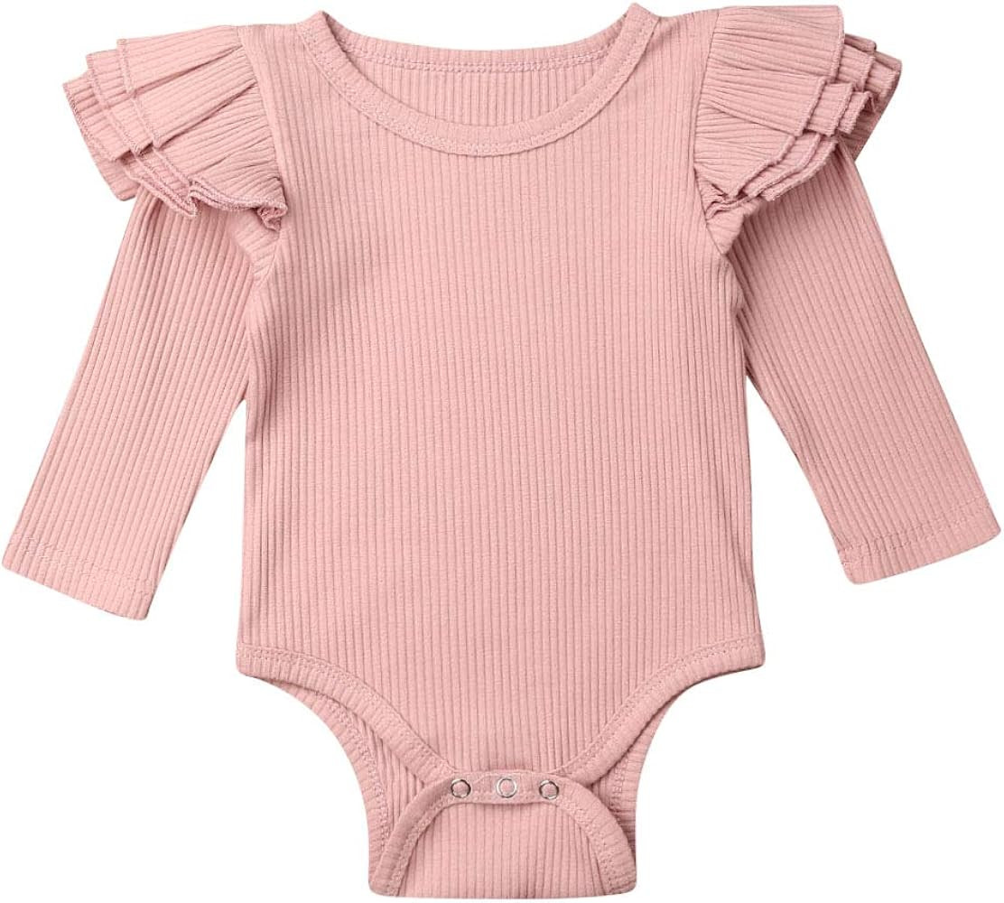 bebiullo Baby Girl Ribbed Long Sleeves Bodysuit Cotton Ruffle Rib Romper Jumpsuit 0-24M | Amazon (US)