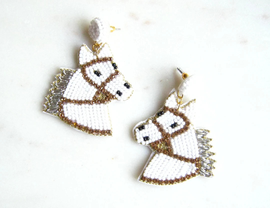 White Horse Seed Bead Earrings Holiday Earrings Seed Bead - Etsy | Etsy (US)