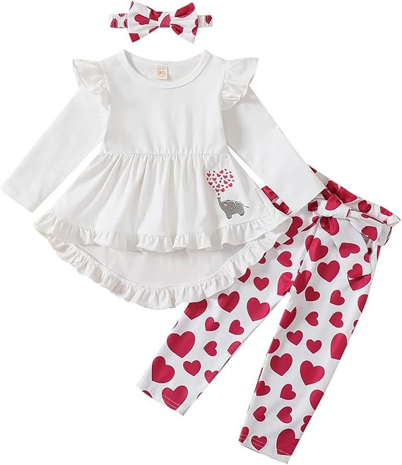 Noubeau Toddler Baby Girl Valentine's Day Clothes Ruffle Sleeve Boho Shirt Dress Heart Pant Set 3... | Amazon (US)