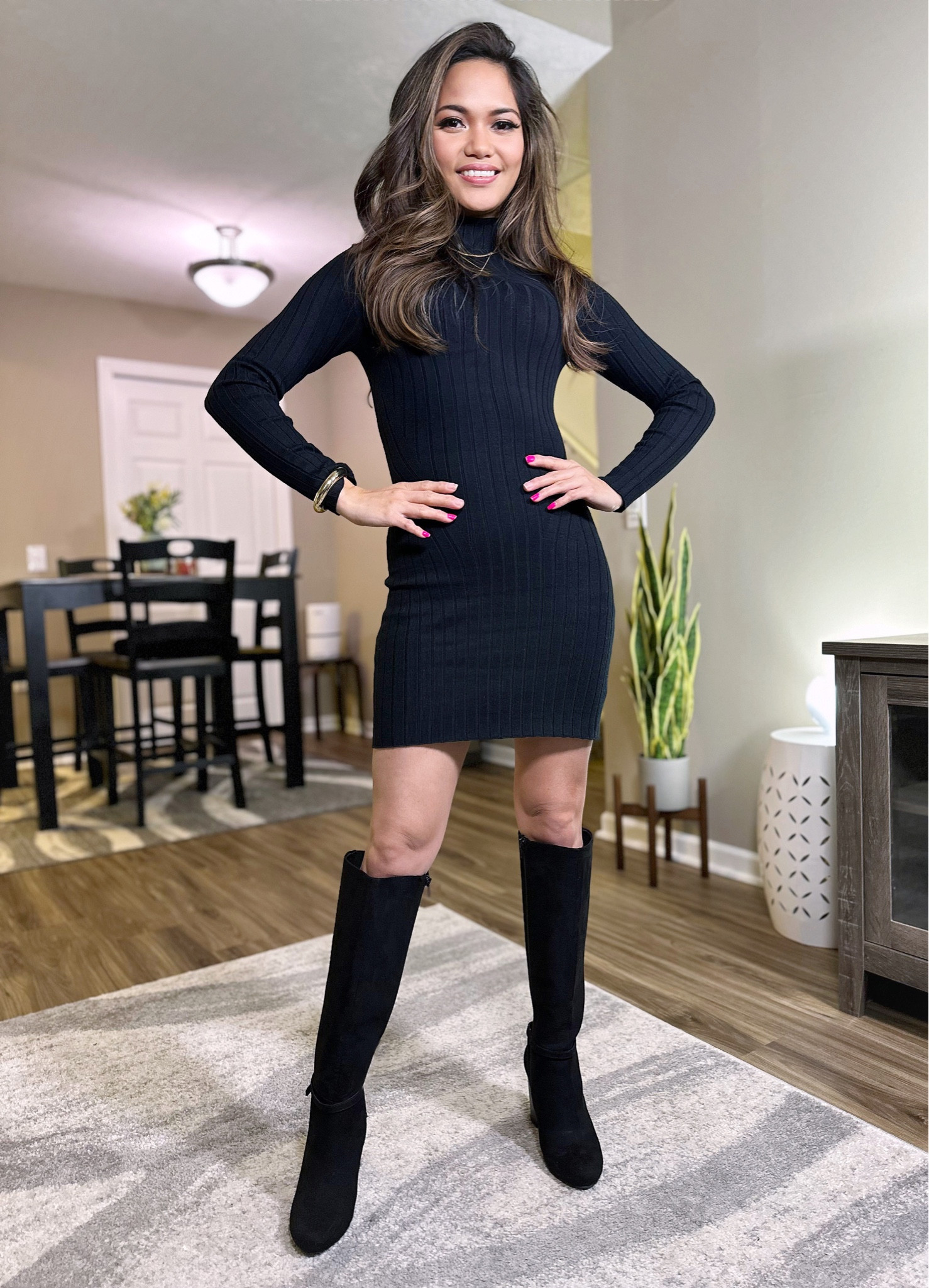 knee length dresses for ladies Black Anzu Puplum Sweater Mini Dress