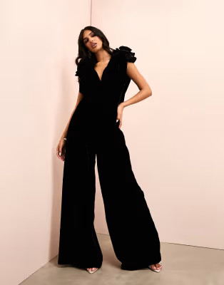 ASOS LUXE velvet corsage cowl neck wide leg jumpsuit in black | ASOS (Global)