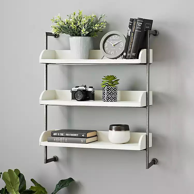 White 3-Tier Wall Shelf with Chrome Metal Rails | Kirkland's Home