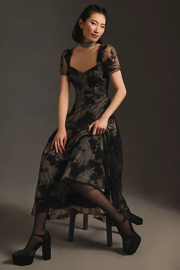Geisha Designs Floral Appliqué Dress By Geisha Designs in Black Size M P | Anthropologie (US)