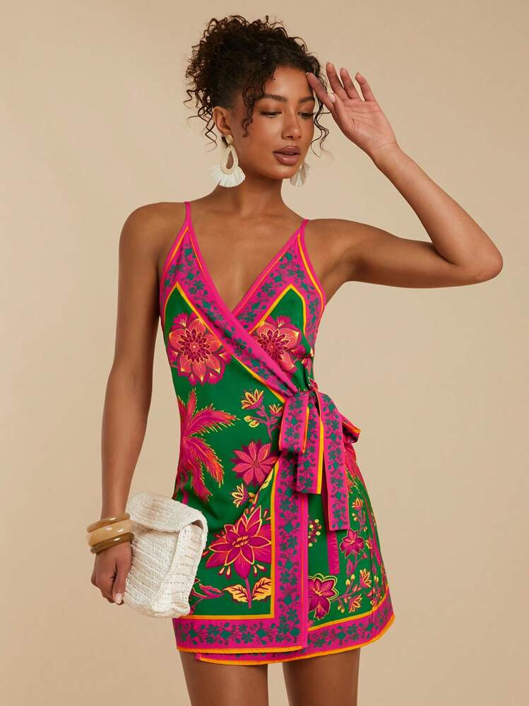 Travachic Women's Wrap Tie Side Floral Print Boho Beach Vacation Dress Bow Dress | SHEIN