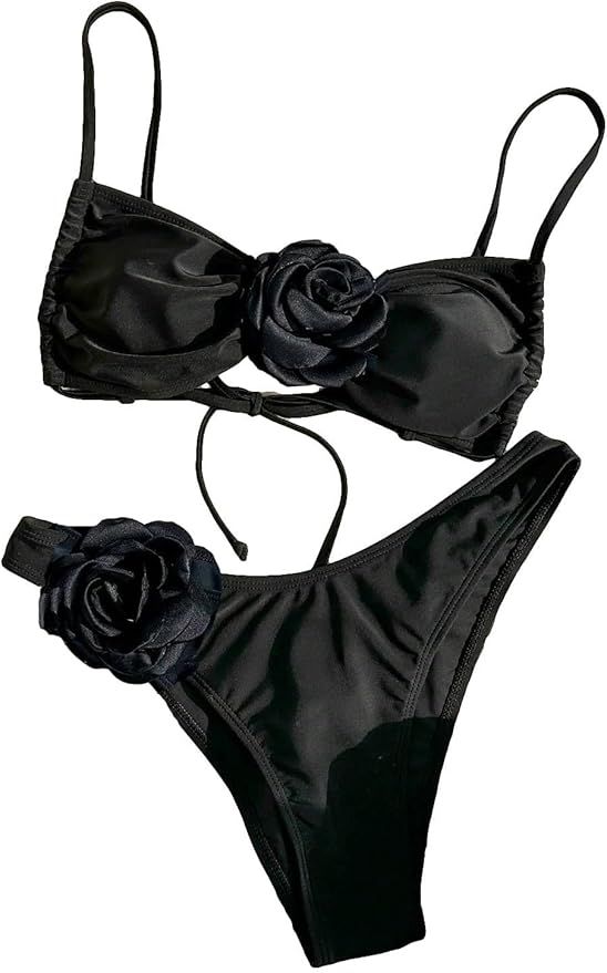 Women's 2 Piece Bikini Set High Waisted Bathing Suit Tie Back 3D Rose High Cut Thong Bikini Swims... | Amazon (US)