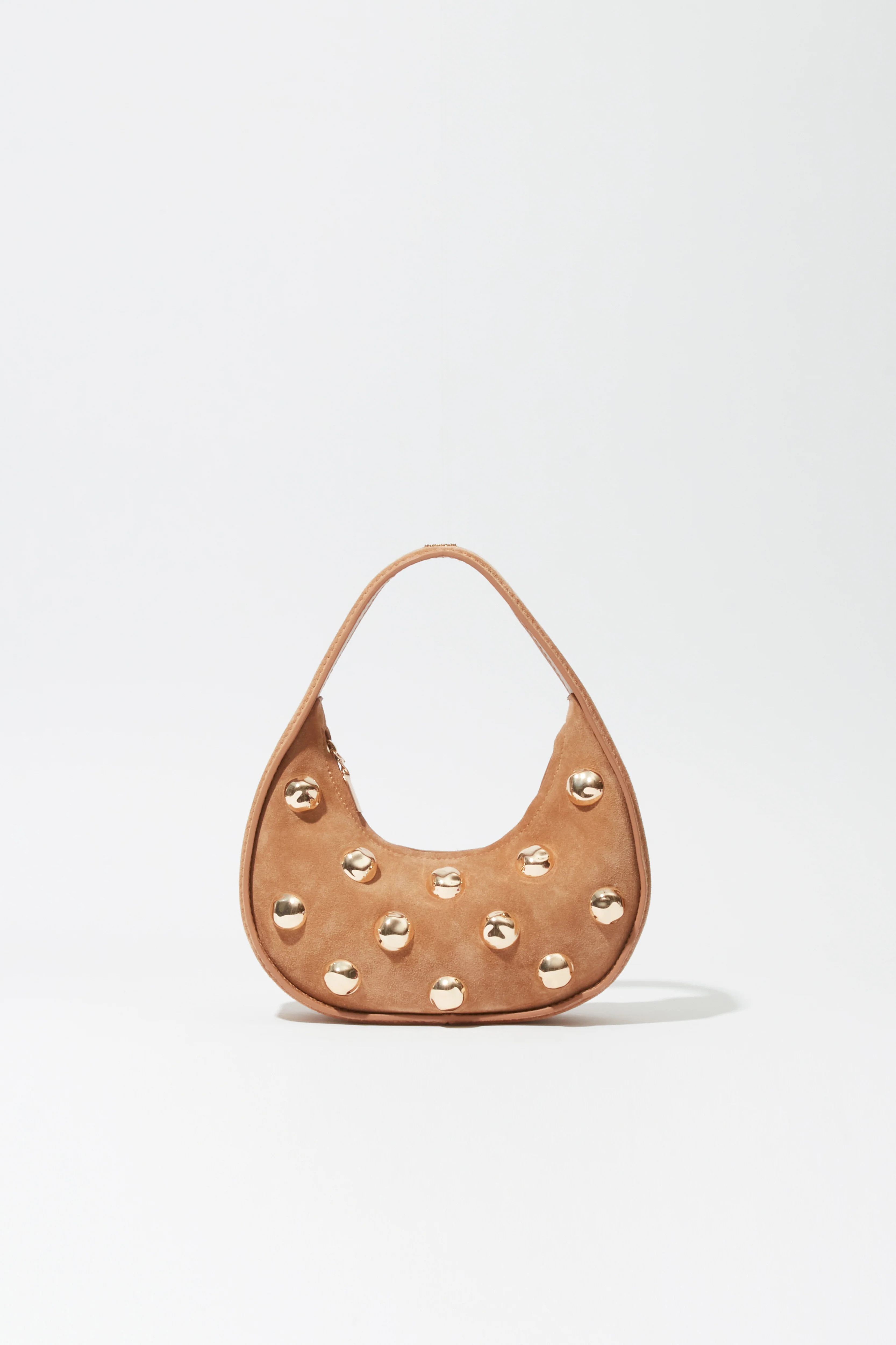 SIMKHAI Women's Finn Studded Suede Shoulder Bag in Camel | Simkhai