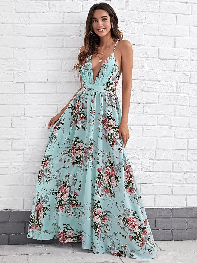 Women's Summer Slip Dress Criss Cross Backless Floral Maxi Dress | Amazon (US)