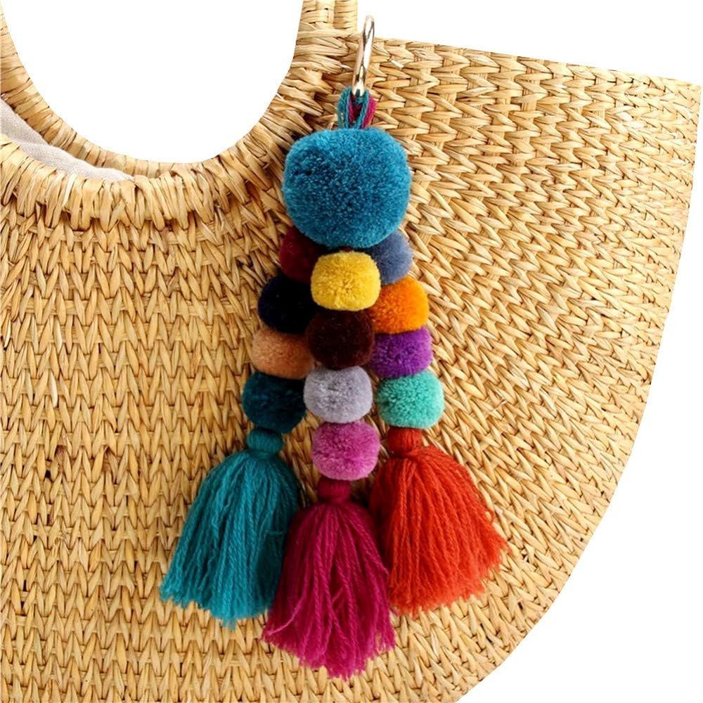 QTMY Big Pom Pom Tassel Long Bag Pendant Charm Keyring Keychain for Women Purse Handbag Decor | Amazon (US)