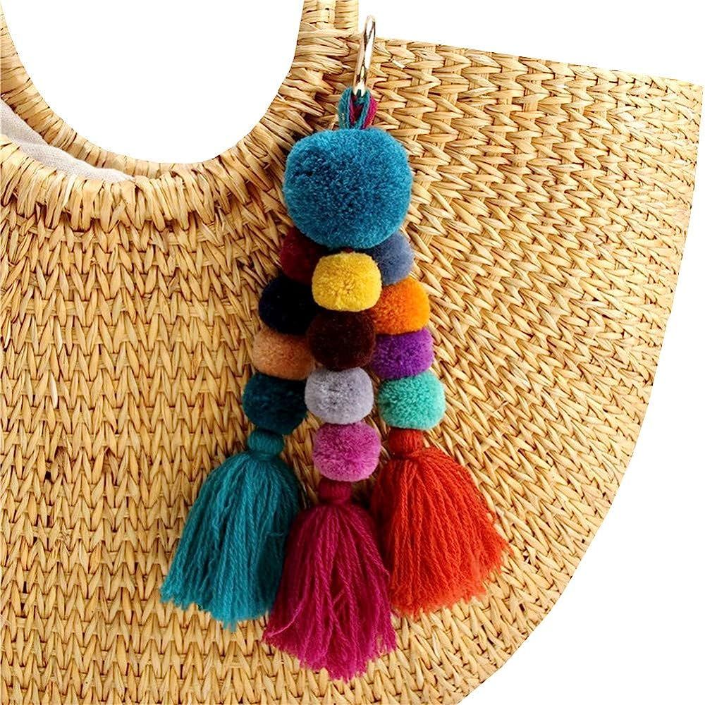 QTMY Big Pom Pom Tassel Long Bag Pendant Charm Keyring Keychain for Women Purse Handbag Decor | Amazon (US)