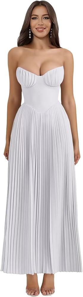 Strapless Bridesmaid Dresses for Women Long A-Line Pleated Satin Prom Formal Wedding Guest Dress | Amazon (US)