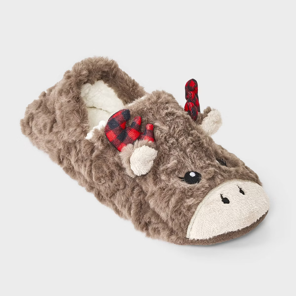 Women's Holiday Moose with 3D Antlers Christmas Faux Fur Slipper Socks with Grippers - Wondershop... | Target