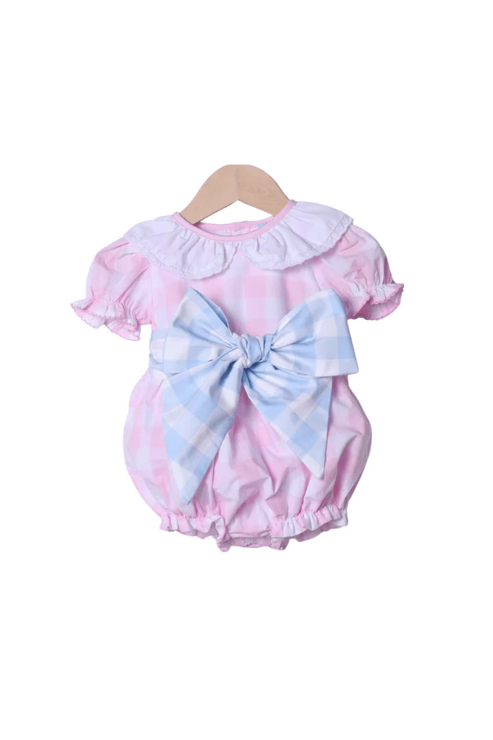 Pink and Blue Buffalo Check Ruffle Bow Bubble | The Smocked Flamingo