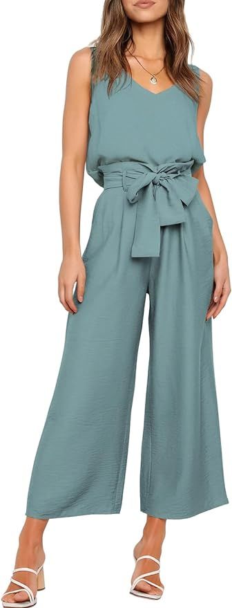 FANCYINN Womens 2 Piece Set V Neck Tank Wide Strap Tops High Waisted Cropped Paper Bag Pants with... | Amazon (US)