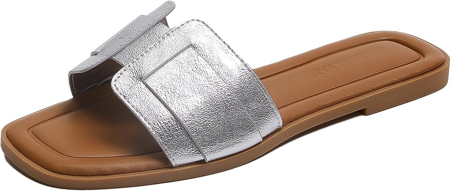 Stratuxx Kaze Womens Flat Sandals Flat Slide Sandals White,Black, Brown,Metallic Flat Sandals Leo... | Amazon (US)