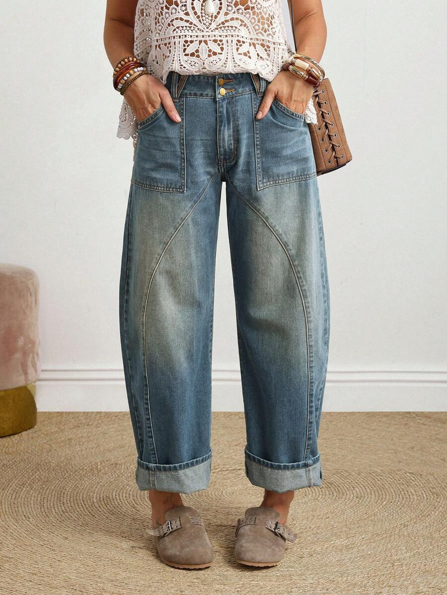 EMERY ROSE Plus Size Casual Everyday Washed Slant Pocket Loose Fit Jeans Casual Street Patchwork ... | SHEIN