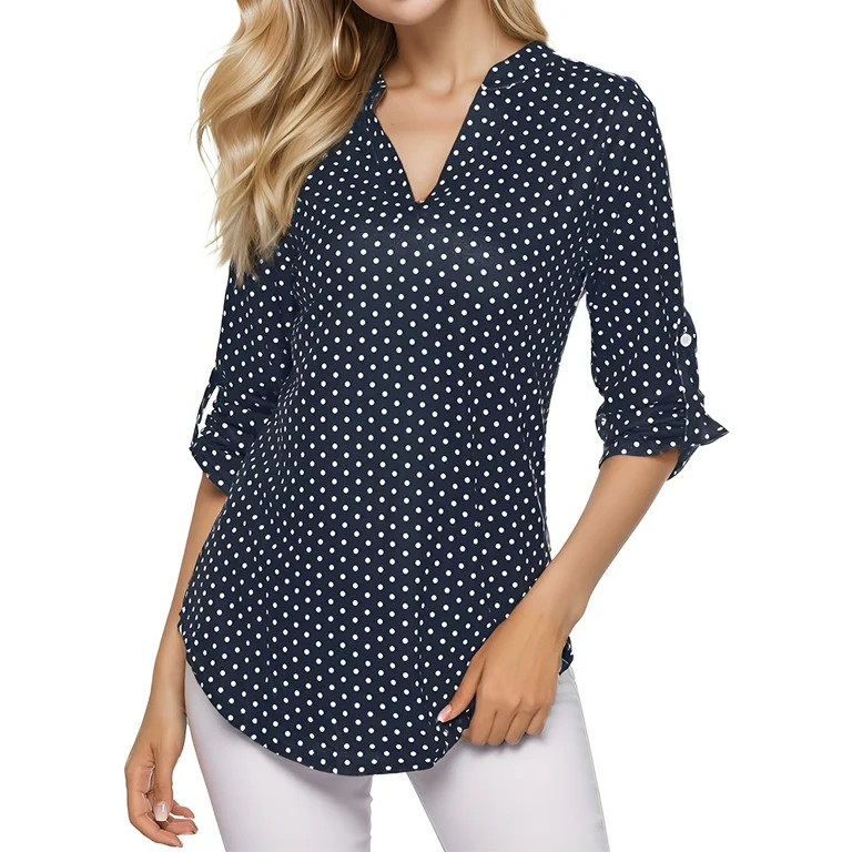 EASTHER Women's Roll Up 3/4 Sleeve Floral Print V Neck Tunic Blouses Tops Shirts | Walmart (US)