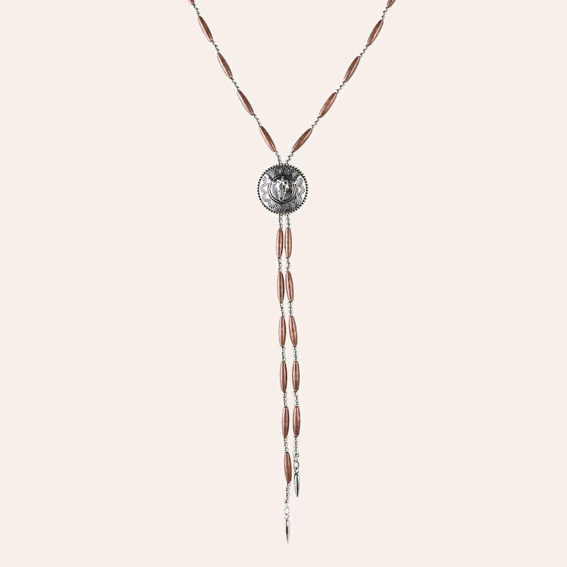 Cowgirl Confetti Etched Longhorn Concho Silver & Copper Beaded Bolo Style Necklace | Cavender's