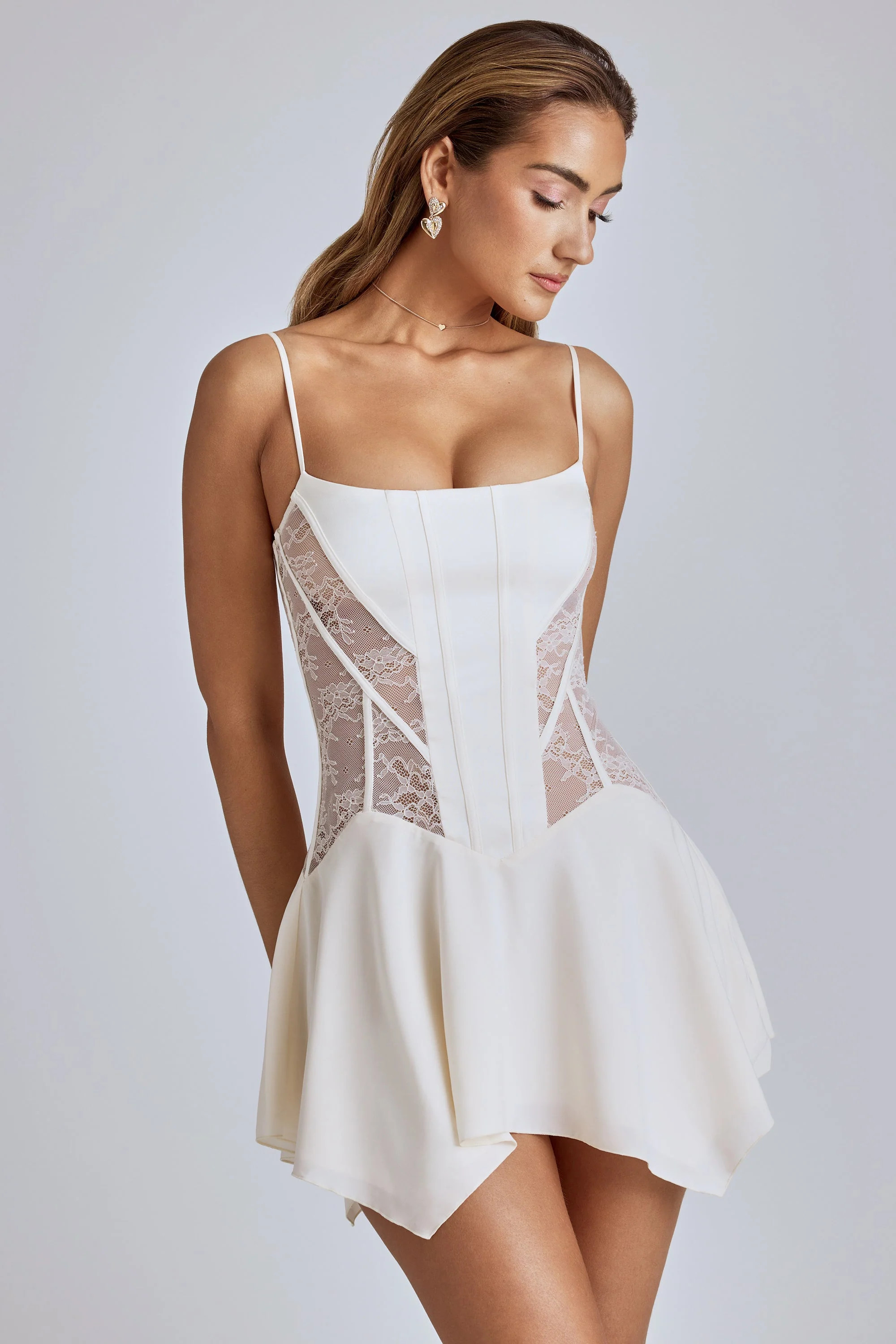 Lace Handkerchief Hem Mini Dress in Ivory | Oh Polly