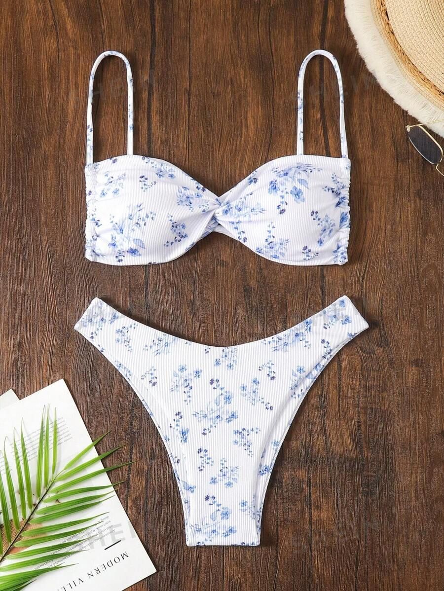 Women's Floral Print Chest Knot Bikini Set, Two Piece Swimsuit Bathing Suit Beach Outfit CLEAN FI... | SHEIN