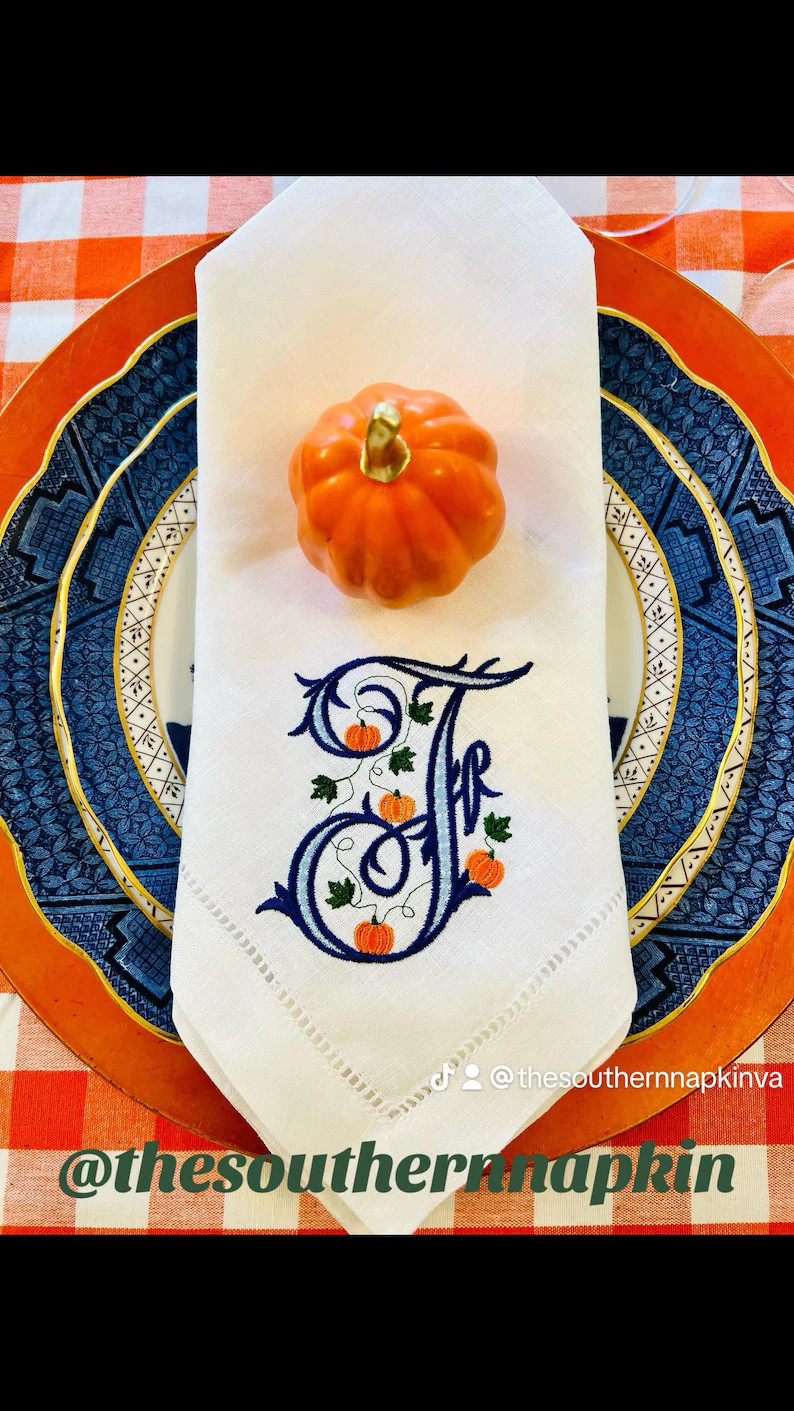 Pumpkin Vine Monogram embroidered Linen Dinner Napkin | Etsy (Global)