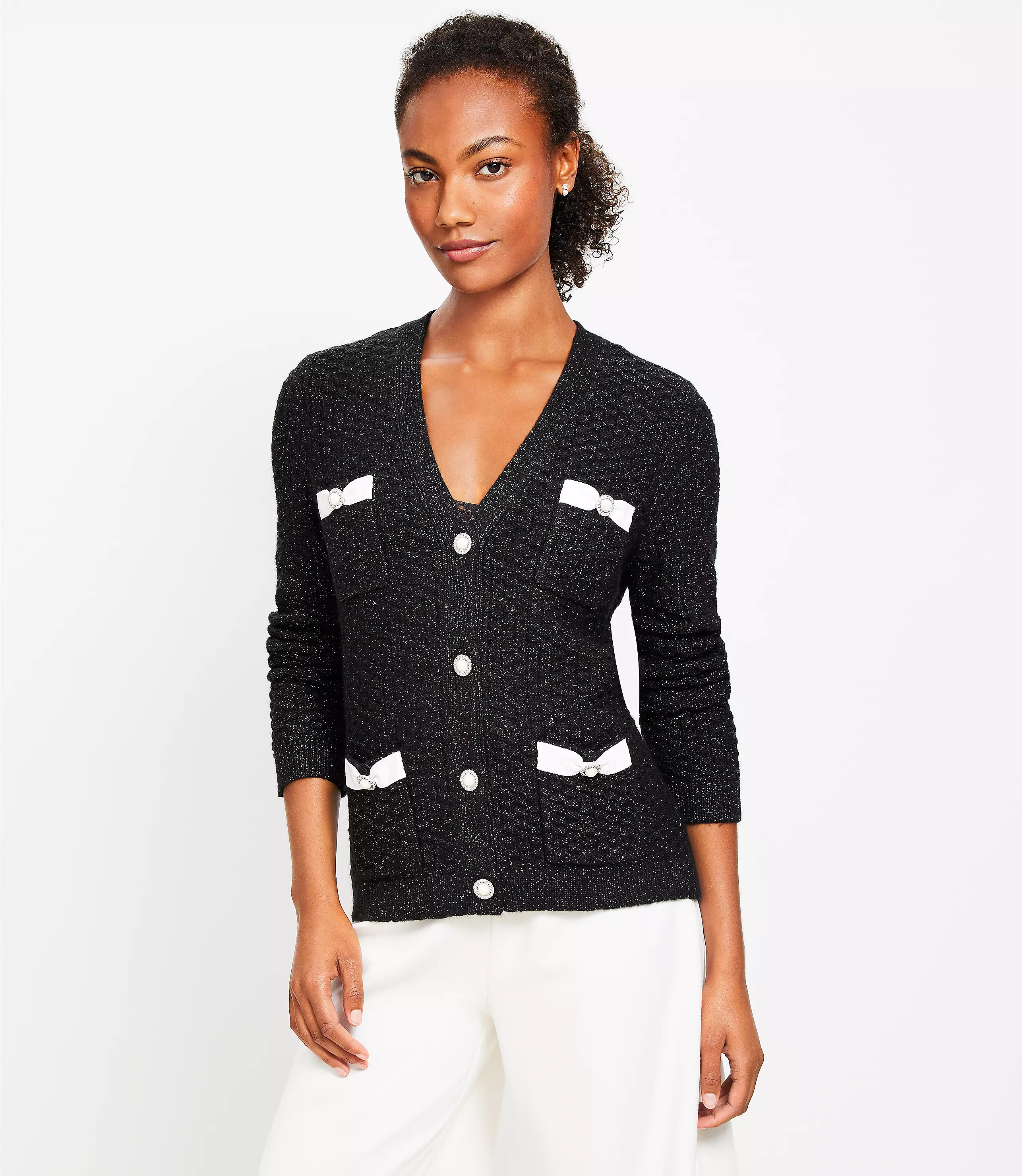 Pearlized Sparkle Bow Sweater Jacket | LOFT
