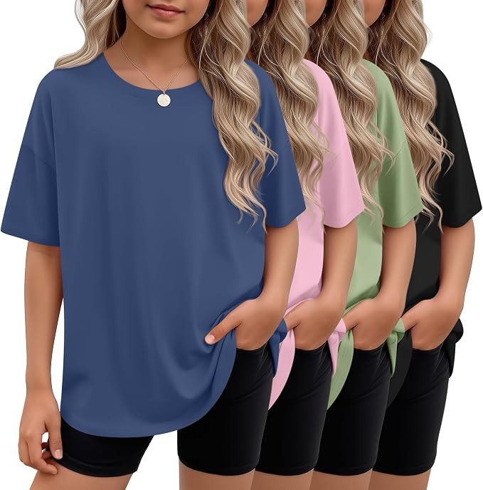 4 Pack Girls Oversized Shirts | Short Sleeve, Crewneck, Basic Tees, Teen Tops, Kids, Summer, Bagg... | Amazon (US)