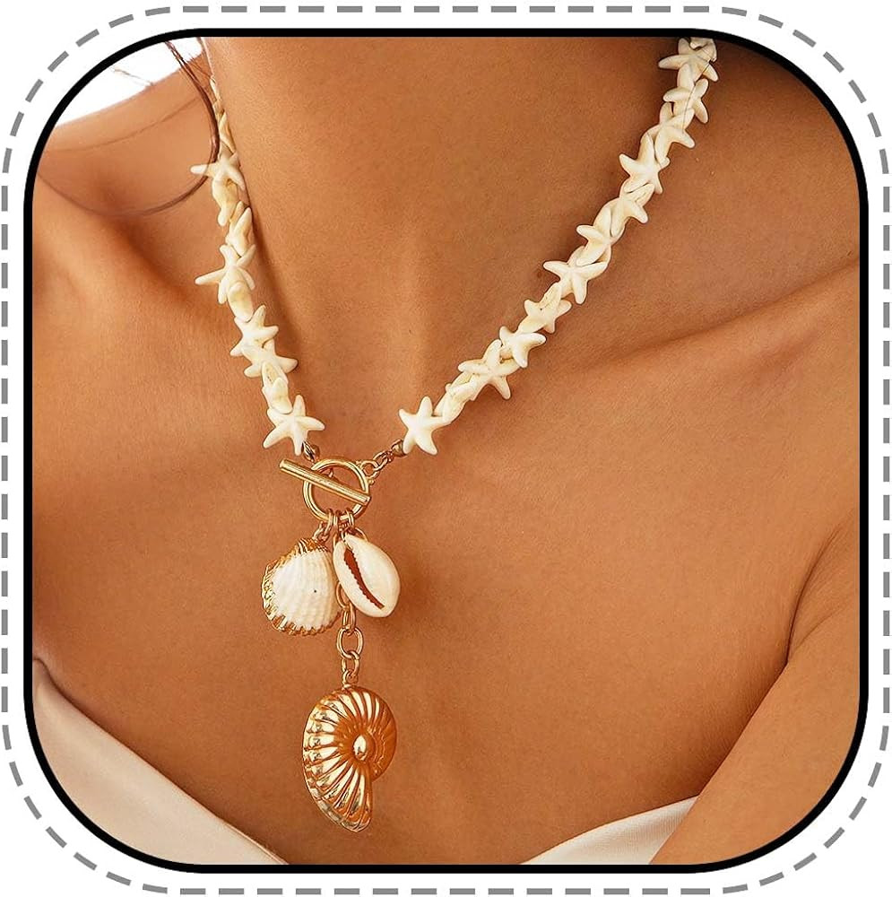 JONKY Boho Starfish Necklace Gold Seashell Pendant Necklaces Summer Ocean Neck Chain for Women | Amazon (US)